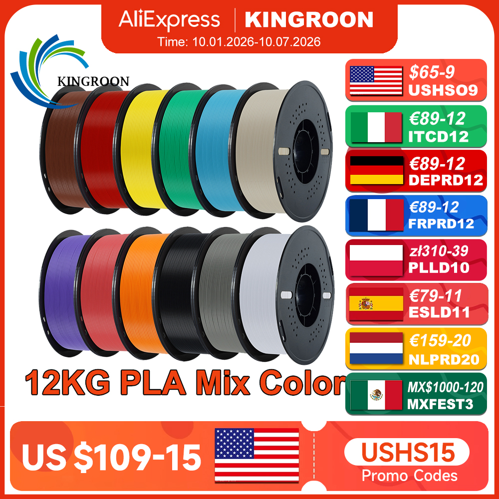 AliExpress KINGROON 10KG/22LBS Multicolor PLA Filament 1KG/Roll 1.75mm For 3D Printer Material for 3D Printing 3D Printer Filament Free Shipping