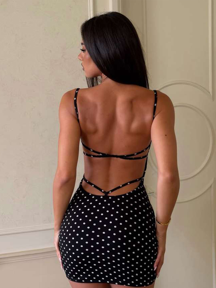 AliExpress Kliou Sexy Fashion Mini Dress Woman Polka Dot Print Low-Neck Backless Skinny Peach Hip Hottie High Street Elegant Style Bodycon, view 2