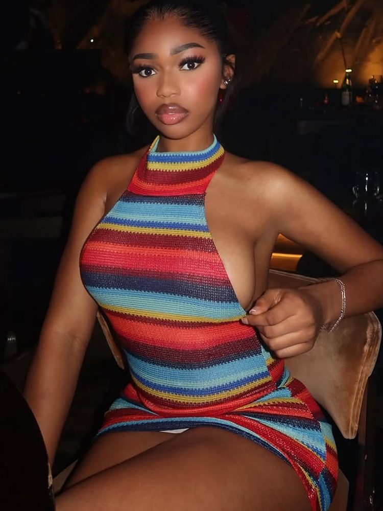 AliExpress Kliou Stripe Patchwork Mini Dress Woman Bandage Halter Off Shoulder Backless Skinny Peach Hip Hot Girls Street Fashion Bodycon