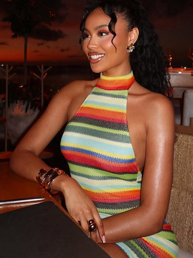 AliExpress Kliou Stripe Patchwork Mini Dress Woman Bandage Halter Off Shoulder Backless Skinny Peach Hip Hot Girls Street Fashion Bodycon, view 5