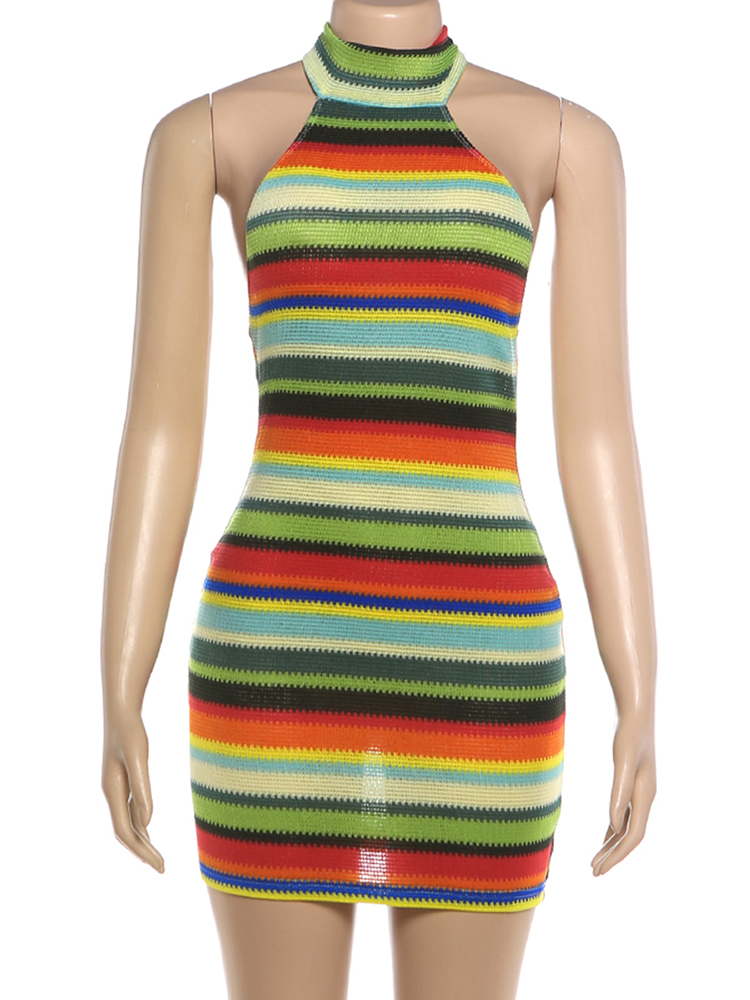 AliExpress Kliou Stripe Patchwork Mini Dress Woman Bandage Halter Off Shoulder Backless Skinny Peach Hip Hot Girls Street Fashion Bodycon, view 6