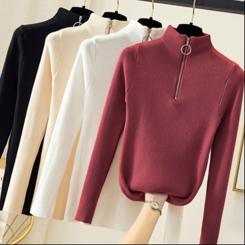 AliExpress Knitted Women Zipper Half High Neck Sweater Pullovers Autumn Winter Basic Women Sweaters Slim Solid Knitwear Pull Femme Tops