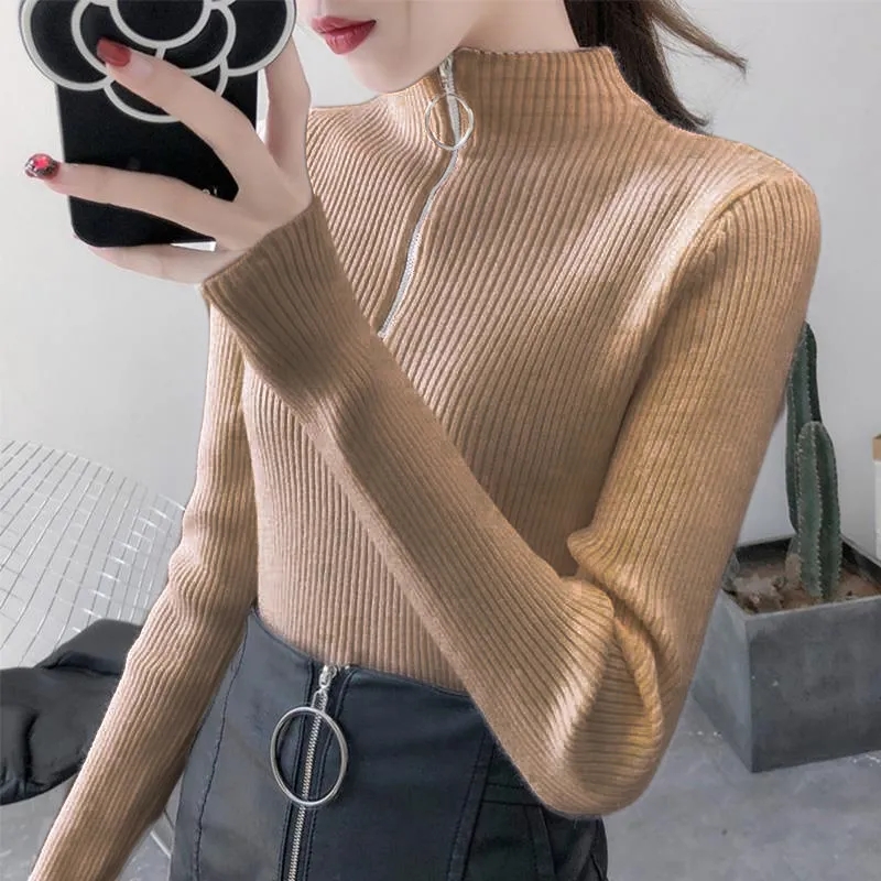 AliExpress Knitted Women Zipper Half High Neck Sweater Pullovers Autumn Winter Basic Women Sweaters Slim Solid Knitwear Pull Femme Tops, view 2
