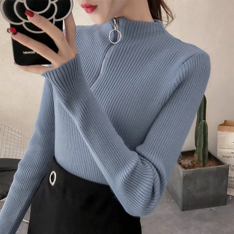 AliExpress Knitted Women Zipper Half High Neck Sweater Pullovers Autumn Winter Basic Women Sweaters Slim Solid Knitwear Pull Femme Tops, view 3