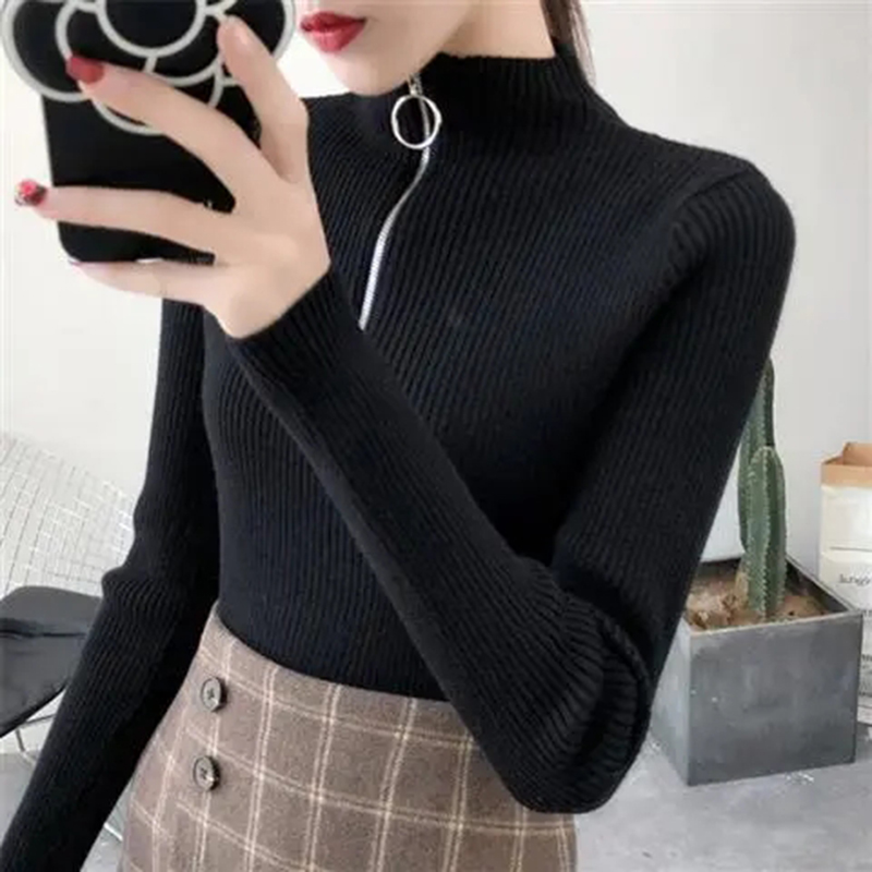 AliExpress Knitted Women Zipper Half High Neck Sweater Pullovers Autumn Winter Basic Women Sweaters Slim Solid Knitwear Pull Femme Tops, view 4