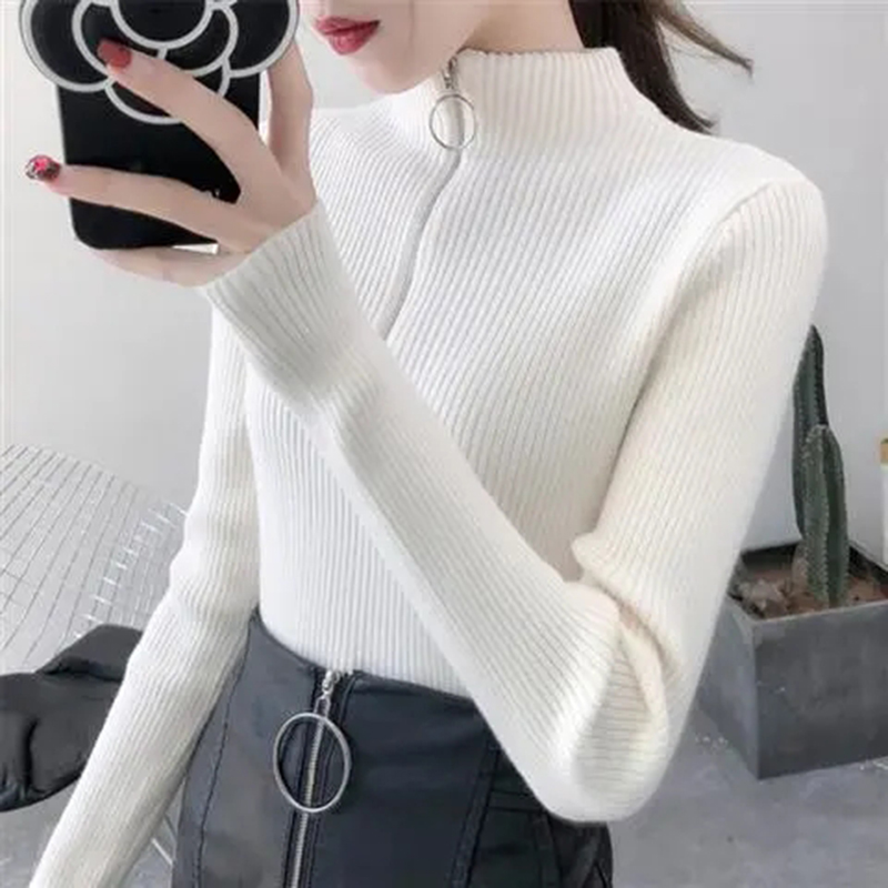 AliExpress Knitted Women Zipper Half High Neck Sweater Pullovers Autumn Winter Basic Women Sweaters Slim Solid Knitwear Pull Femme Tops, view 5