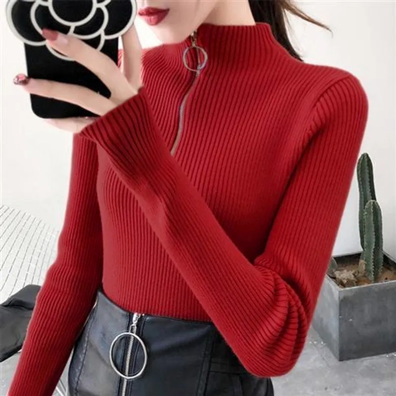 AliExpress Knitted Women Zipper Half High Neck Sweater Pullovers Autumn Winter Basic Women Sweaters Slim Solid Knitwear Pull Femme Tops, view 6