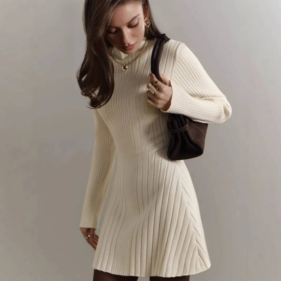 AliExpress Knitting Dress Women's 2026 Spring Knitted Dress Long Sleeve Semi-High Neck A Line Skirt For An Elegant And Playful Look, view 2