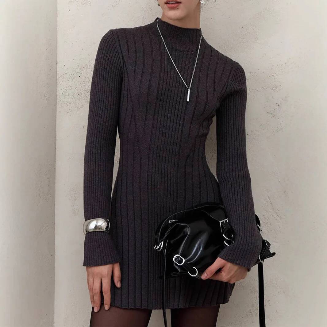 AliExpress Knitting Dress Women's 2026 Spring Knitted Dress Long Sleeve Semi-High Neck A Line Skirt For An Elegant And Playful Look, view 4