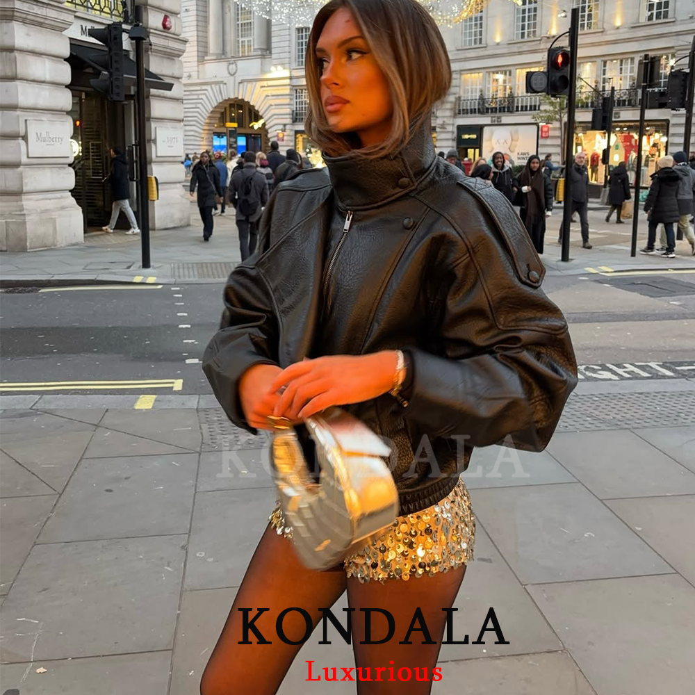 AliExpress KONDALA Casual Chic Black Leather Jackets Women Long Sleeve Buttons Elastic Oversized Coats Fashion 2026 Spring Streetwear Coats
