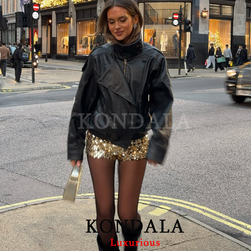AliExpress KONDALA Casual Chic Black Leather Jackets Women Long Sleeve Buttons Elastic Oversized Coats Fashion 2026 Spring Streetwear Coats, view 3
