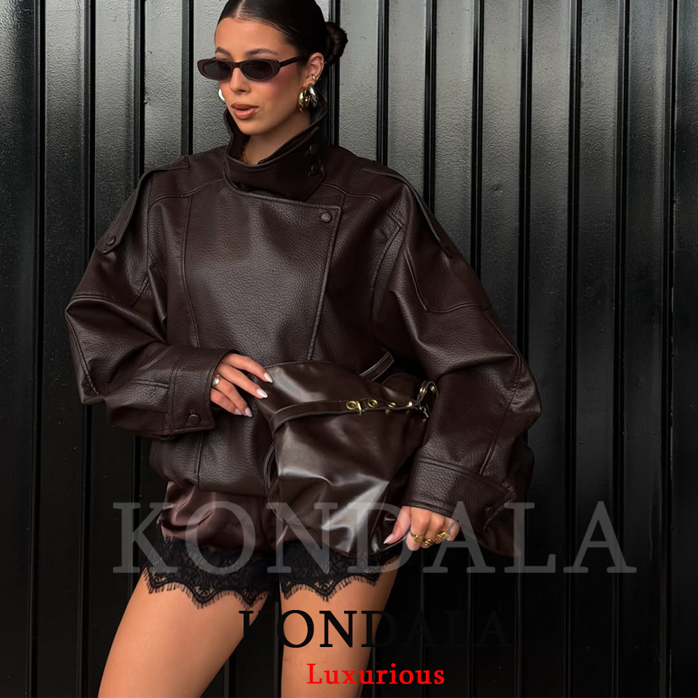 AliExpress KONDALA Casual Chic Black Leather Jackets Women Long Sleeve Buttons Elastic Oversized Coats Fashion 2026 Spring Streetwear Coats, view 4