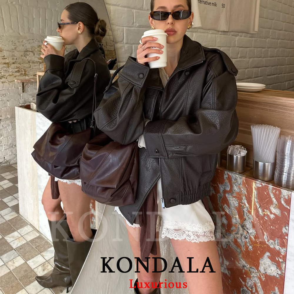 AliExpress KONDALA Casual Chic Black Leather Jackets Women Long Sleeve Buttons Elastic Oversized Coats Fashion 2026 Spring Streetwear Coats, view 5
