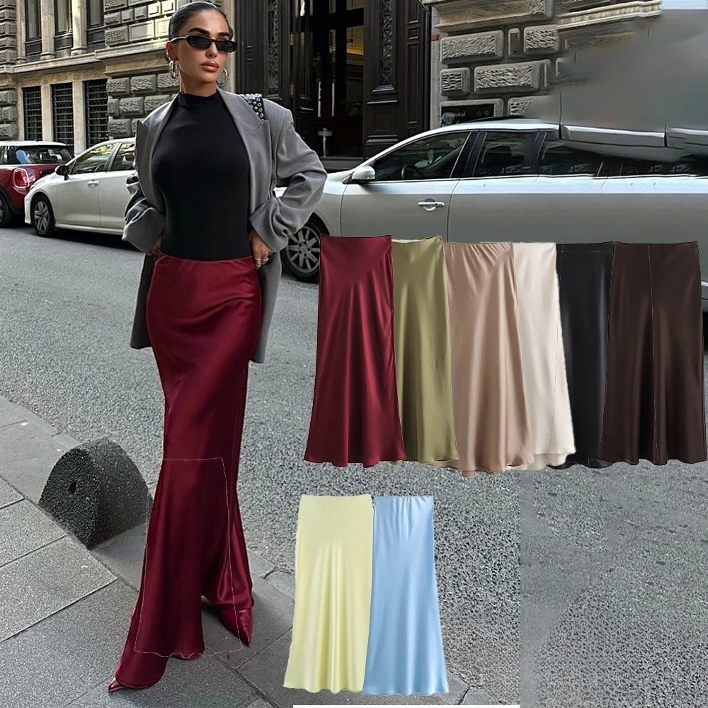 AliExpress KONDALA Vintage Satin Solid Long Skirts Women High Waist Elastic Silky Skirts Fashion 2025 Spring Elegant Straight Skirts