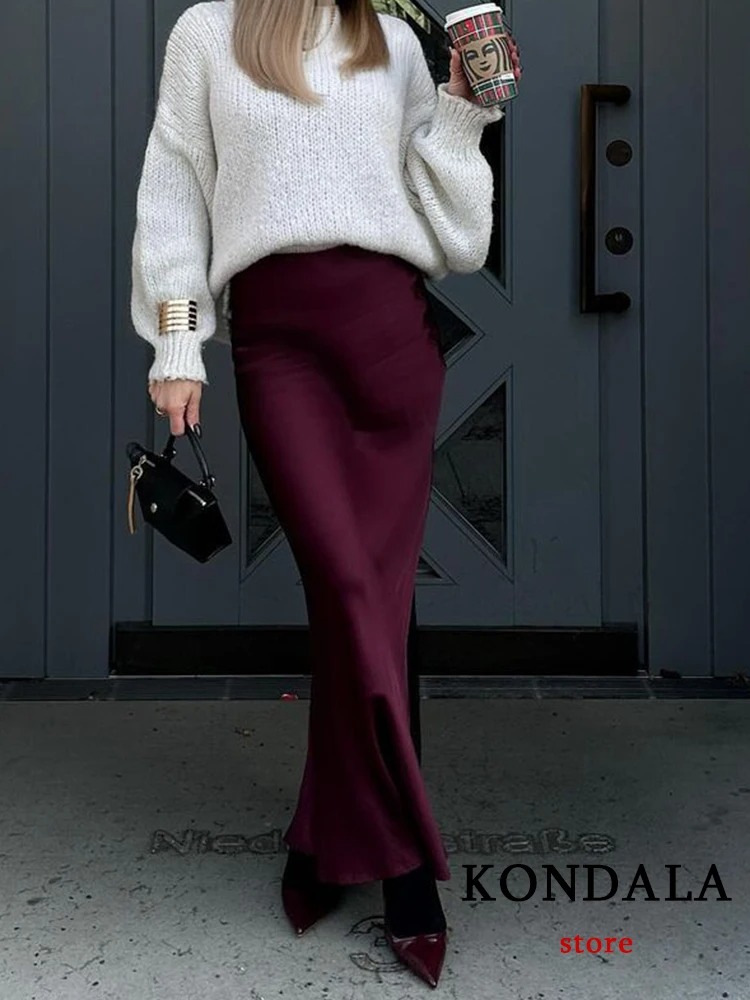 AliExpress KONDALA Vintage Satin Solid Long Skirts Women High Waist Elastic Silky Skirts Fashion 2025 Spring Elegant Straight Skirts, view 4