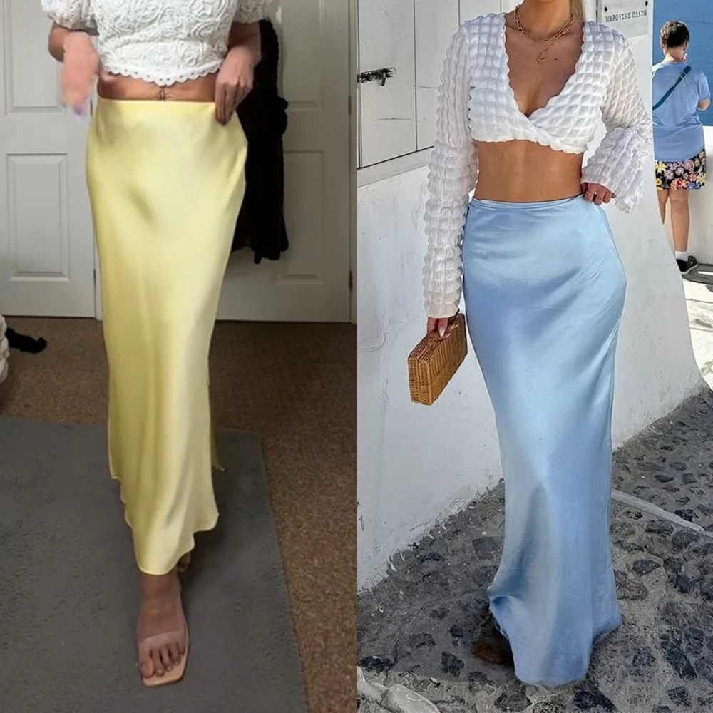 AliExpress KONDALA Vintage Satin Solid Long Skirts Women High Waist Elastic Silky Skirts Fashion 2025 Spring Elegant Straight Skirts, view 5