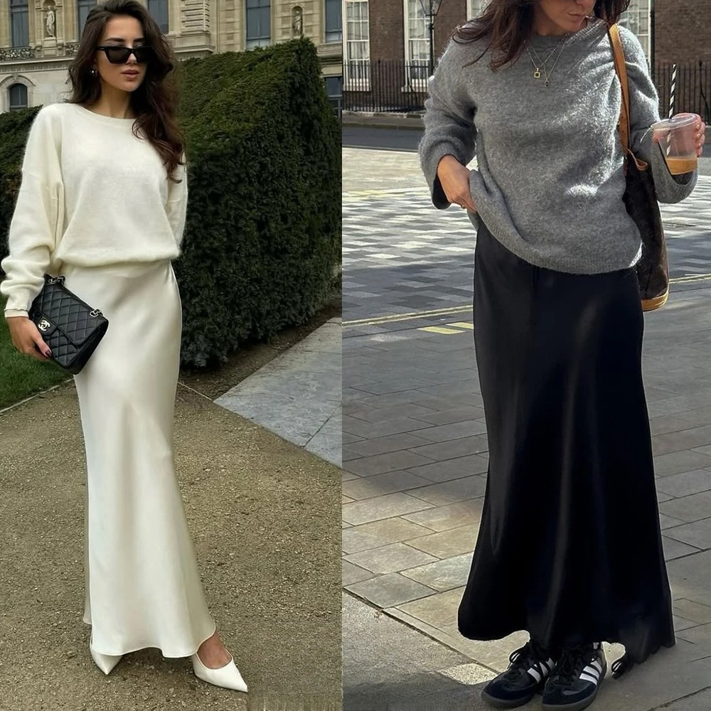 AliExpress KONDALA Vintage Satin Solid Long Skirts Women High Waist Elastic Silky Skirts Fashion 2025 Spring Elegant Straight Skirts, view 6