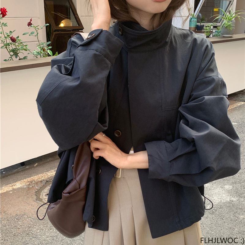 AliExpress Korea Short Outerwear Woman Casual Loose Lazy Chic Long Sleeve Cotton Blends Windbreaker Coats Thin Thench