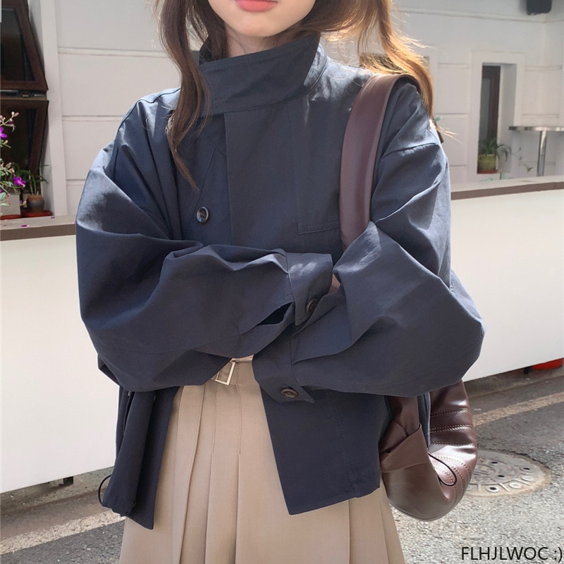 AliExpress Korea Short Outerwear Woman Casual Loose Lazy Chic Long Sleeve Cotton Blends Windbreaker Coats Thin Thench, view 2