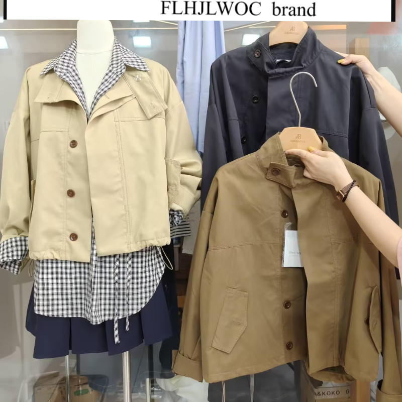 AliExpress Korea Short Outerwear Woman Casual Loose Lazy Chic Long Sleeve Cotton Blends Windbreaker Coats Thin Thench, view 3