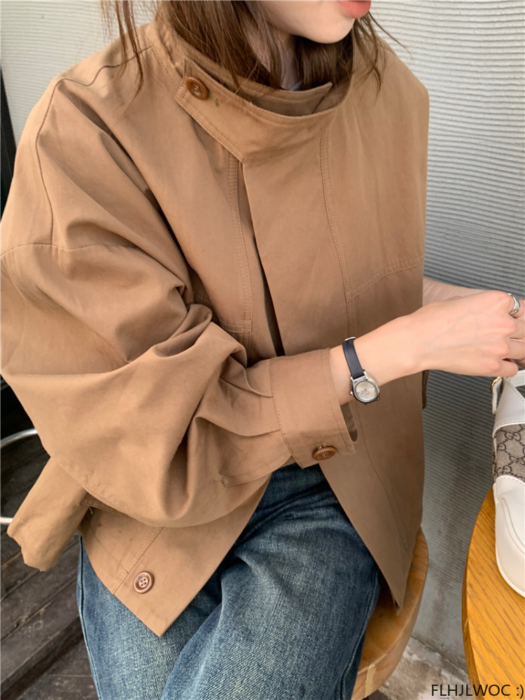 AliExpress Korea Short Outerwear Woman Casual Loose Lazy Chic Long Sleeve Cotton Blends Windbreaker Coats Thin Thench, view 4