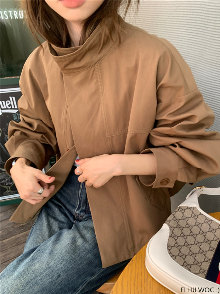 AliExpress Korea Short Outerwear Woman Casual Loose Lazy Chic Long Sleeve Cotton Blends Windbreaker Coats Thin Thench, view 5