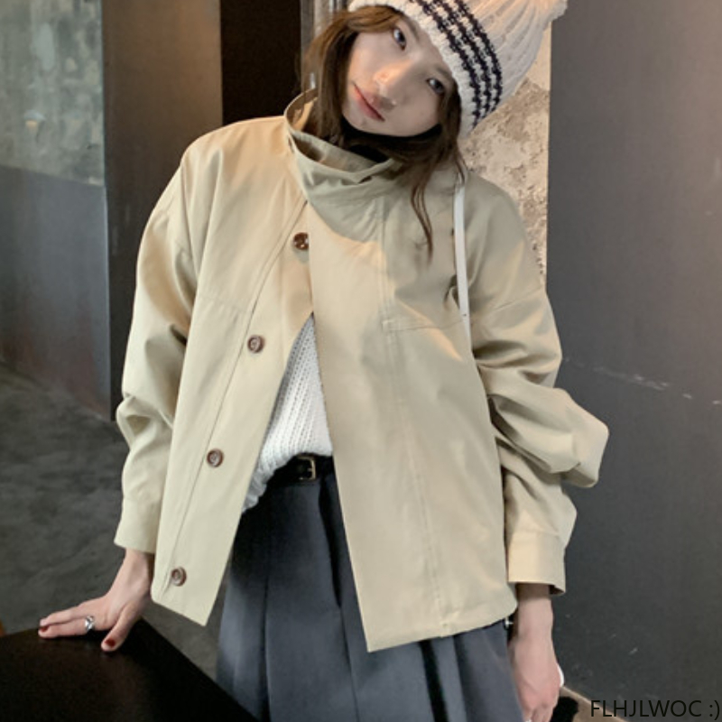 AliExpress Korea Short Outerwear Woman Casual Loose Lazy Chic Long Sleeve Cotton Blends Windbreaker Coats Thin Thench, view 6