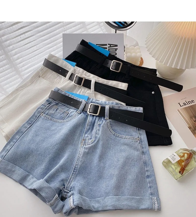 AliExpress Korean Summer Wide Leg High Waist Denim Shorts With Belt Women Fashion Pocket Hot Pants Streetwear Casual Cowboy Jeans Shorts