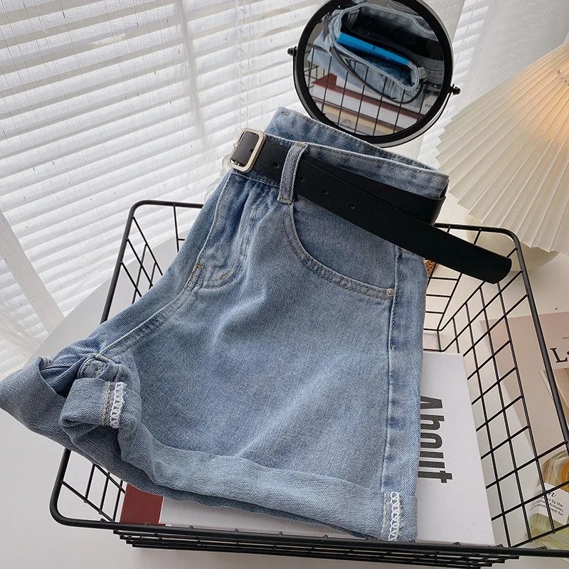 AliExpress Korean Summer Wide Leg High Waist Denim Shorts With Belt Women Fashion Pocket Hot Pants Streetwear Casual Cowboy Jeans Shorts, view 4