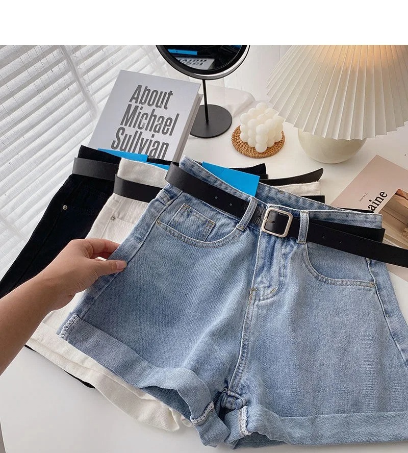 AliExpress Korean Summer Wide Leg High Waist Denim Shorts With Belt Women Fashion Pocket Hot Pants Streetwear Casual Cowboy Jeans Shorts, view 6