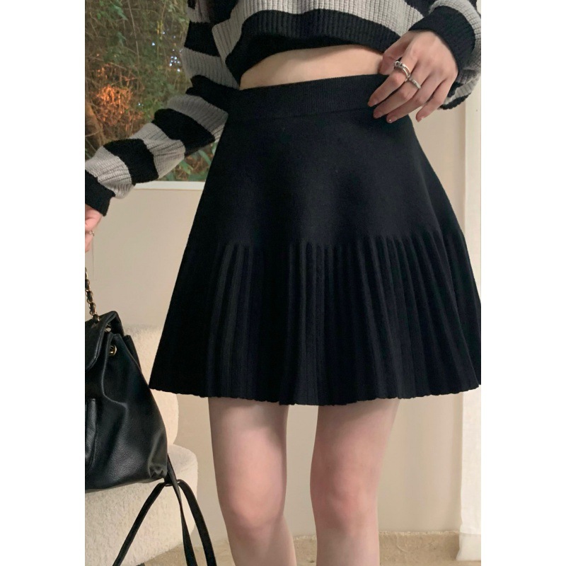 AliExpress Korean version sweet knitted skirt women's new spring and autumn high waisted elastic temperament pleated skirt, view 2