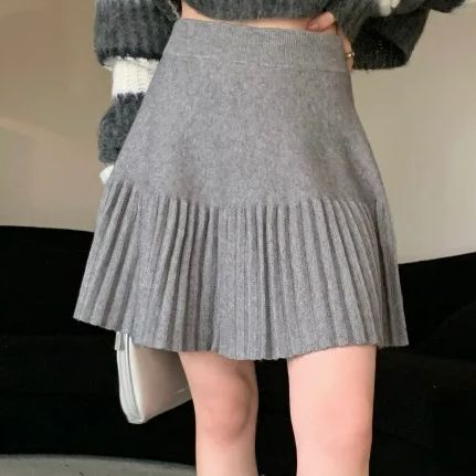 AliExpress Korean version sweet knitted skirt women's new spring and autumn high waisted elastic temperament pleated skirt, view 3