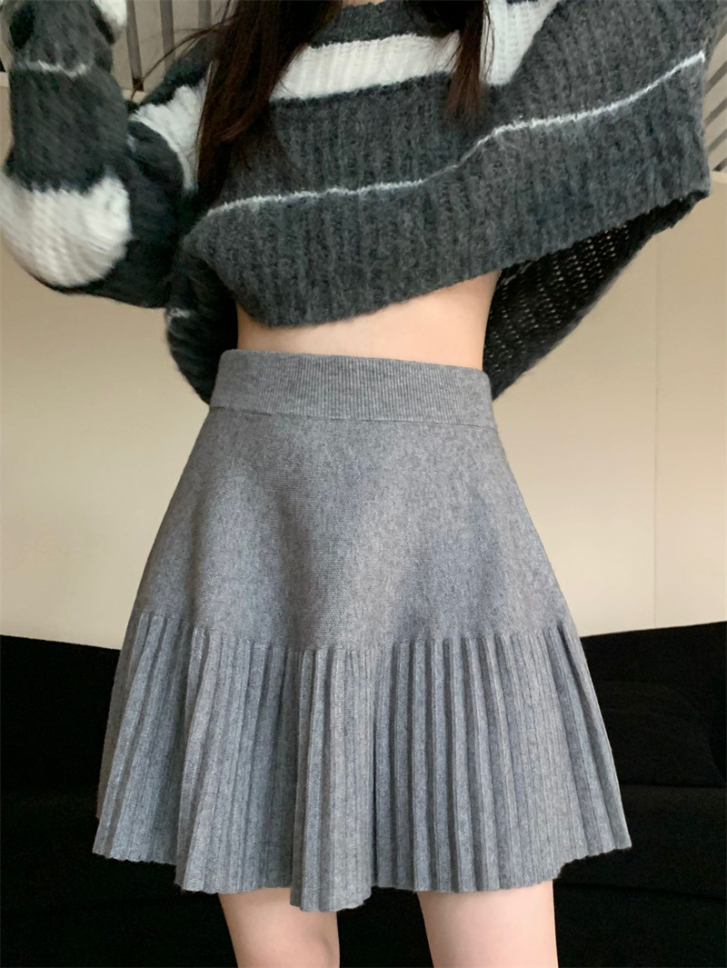 AliExpress Korean version sweet knitted skirt women's new spring and autumn high waisted elastic temperament pleated skirt, view 5