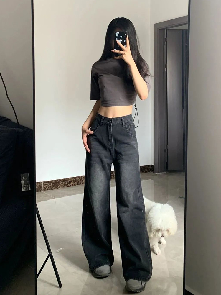 AliExpress Korean Vintage High Waist Women's Jeans Y2K Slimming Pear-Shaped Loose Straight Bell Bottoms Black Gray Baggy Denim Trousers
