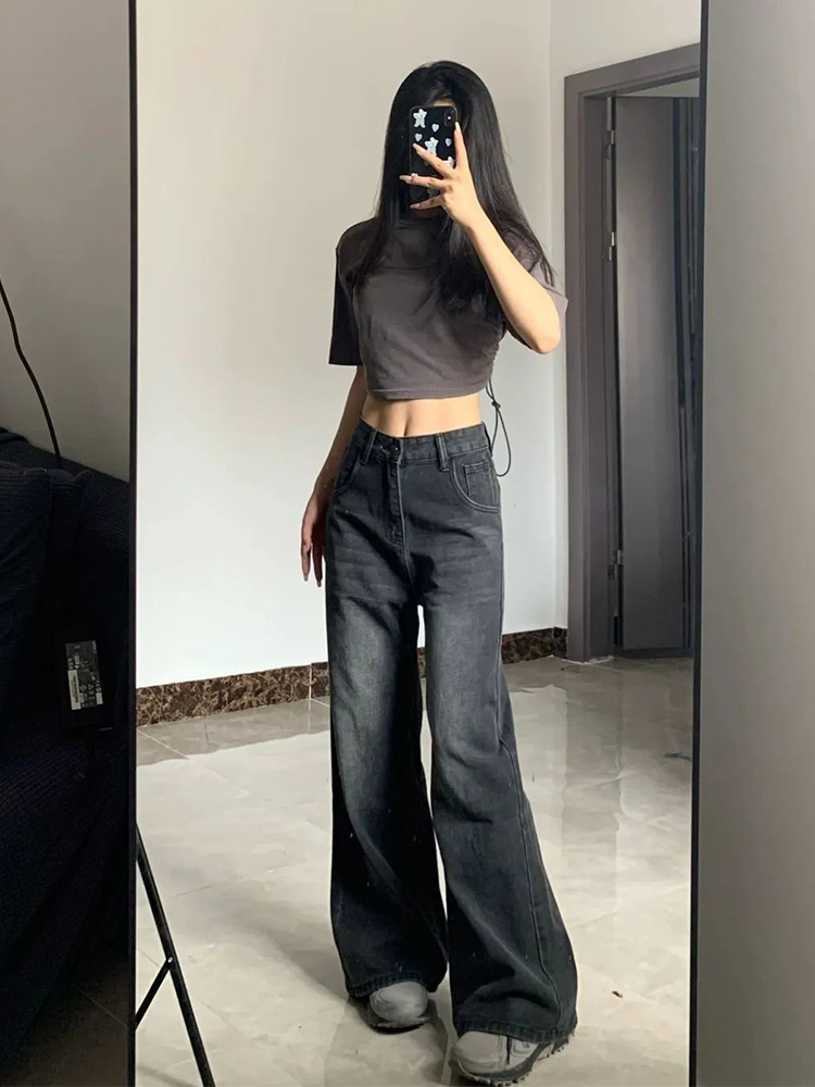 AliExpress Korean Vintage High Waist Women's Jeans Y2K Slimming Pear-Shaped Loose Straight Bell Bottoms Black Gray Baggy Denim Trousers, view 2