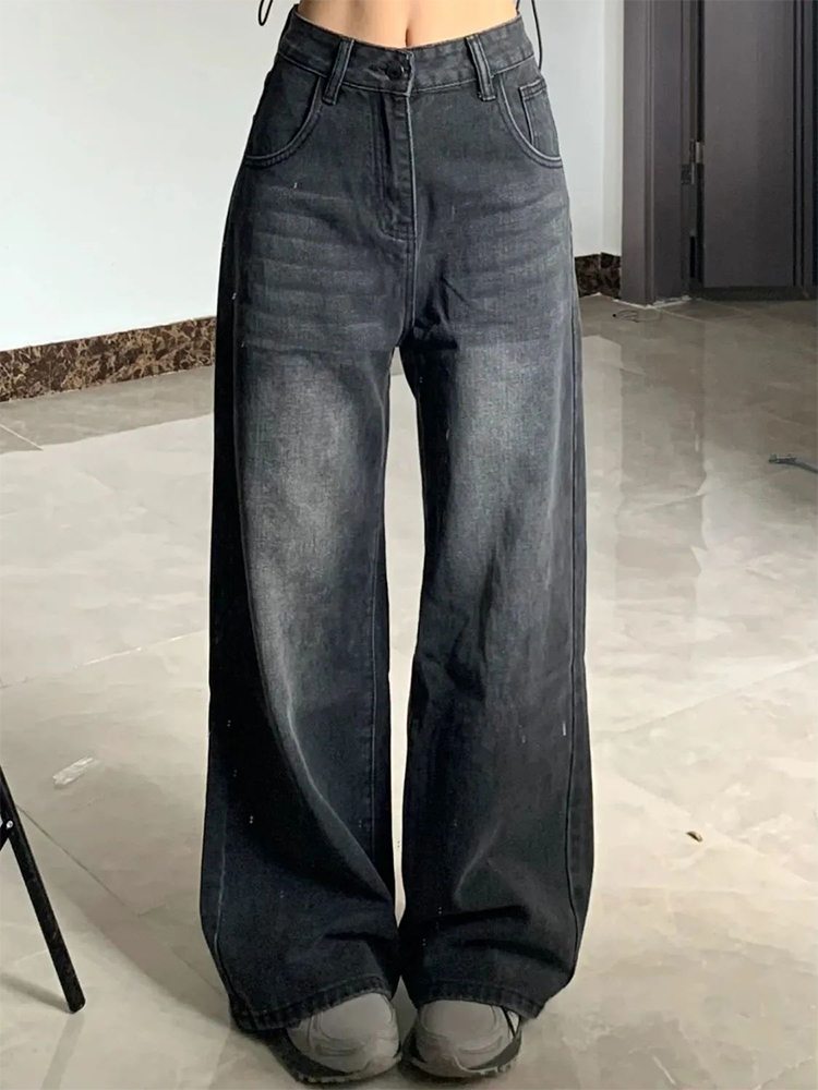AliExpress Korean Vintage High Waist Women's Jeans Y2K Slimming Pear-Shaped Loose Straight Bell Bottoms Black Gray Baggy Denim Trousers, view 3
