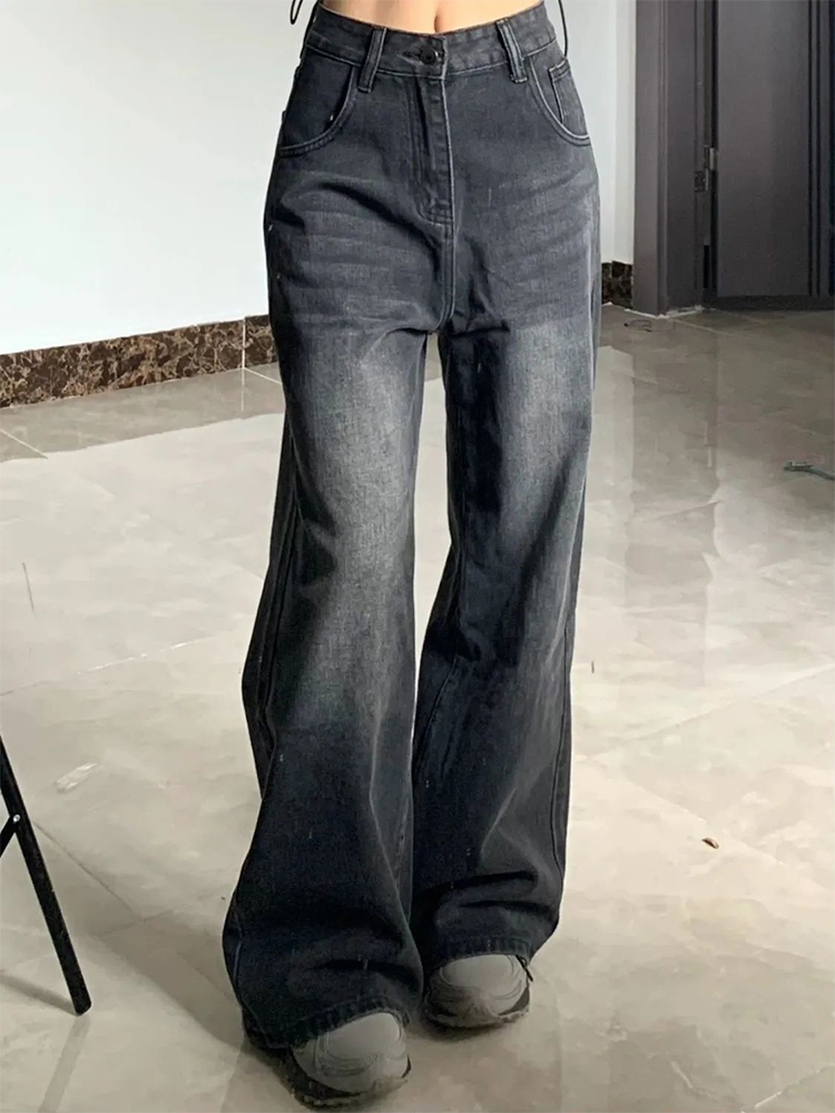 AliExpress Korean Vintage High Waist Women's Jeans Y2K Slimming Pear-Shaped Loose Straight Bell Bottoms Black Gray Baggy Denim Trousers, view 4