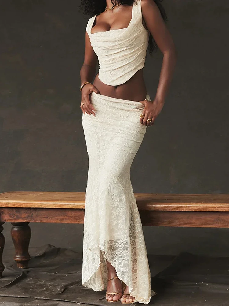 AliExpress Lace Bandage 2 Piece-Set Long Skirt Female Patchwork Fashion Backless High Waist Elegant Lace-Up Maxi Skirt Sets Outfits, view 4