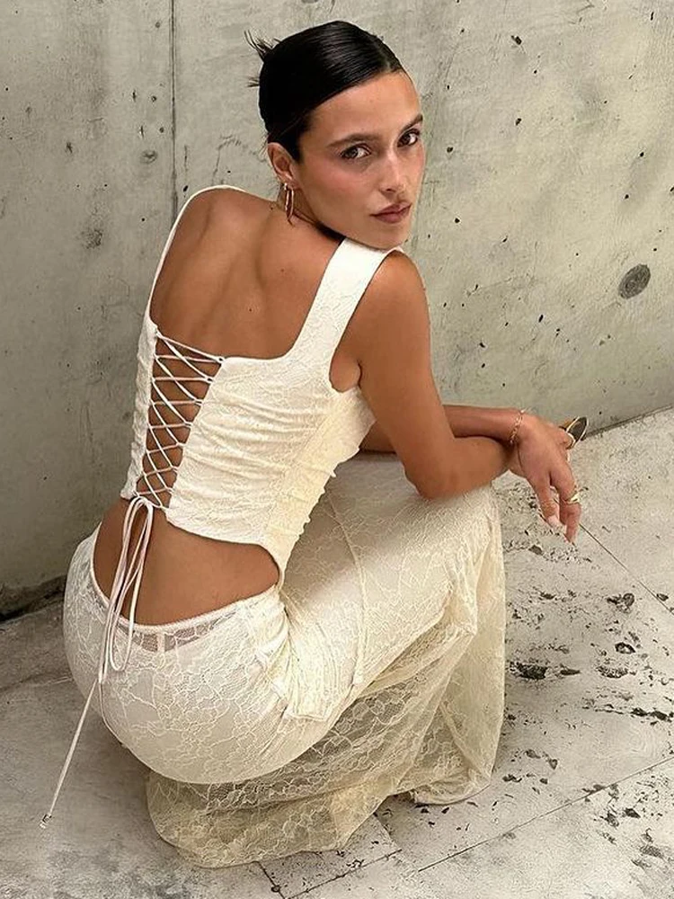 AliExpress Lace Bandage 2 Piece-Set Long Skirt Female Patchwork Fashion Backless High Waist Elegant Lace-Up Maxi Skirt Sets Outfits, view 5