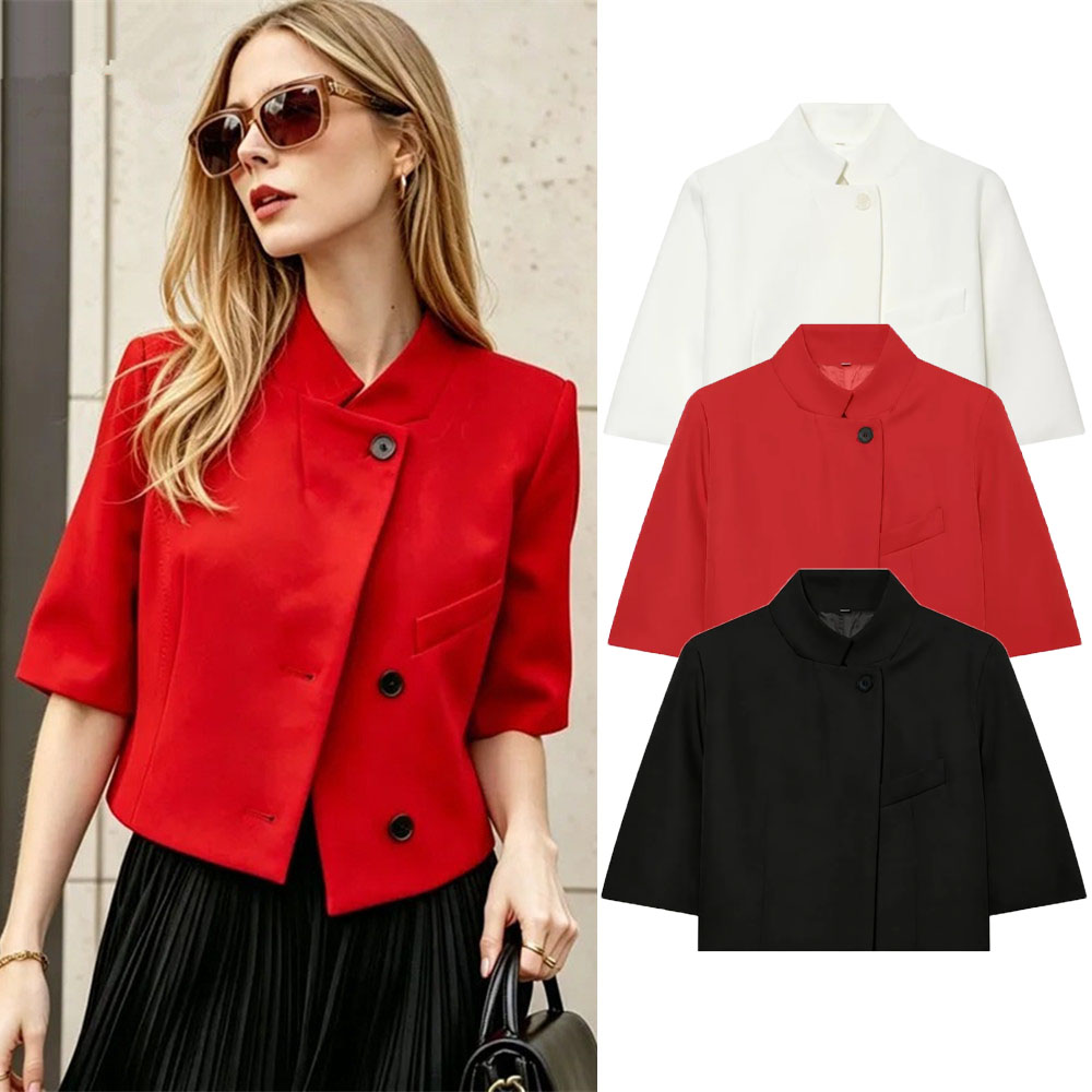 AliExpress Ladies Commute Short Sleeve Blazer Women Summer Elegant Stand-up Collar Short Blazer New Trendy High Street Casual Blazer Female