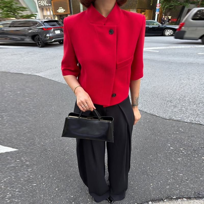 AliExpress Ladies Commute Short Sleeve Blazer Women Summer Elegant Stand-up Collar Short Blazer New Trendy High Street Casual Blazer Female, view 3