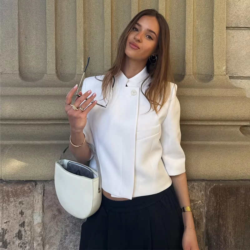 AliExpress Ladies Commute Short Sleeve Blazer Women Summer Elegant Stand-up Collar Short Blazer New Trendy High Street Casual Blazer Female, view 5