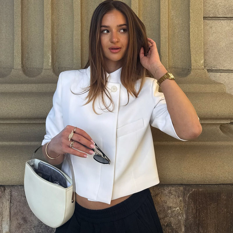 AliExpress Ladies Commute Short Sleeve Blazer Women Summer Elegant Stand-up Collar Short Blazer New Trendy High Street Casual Blazer Female, view 6