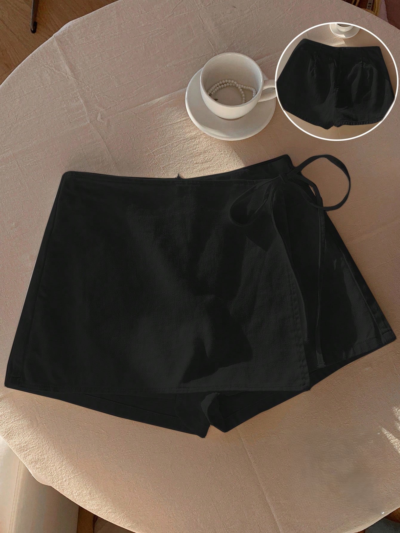AliExpress Ladies New Spring Summer Linen Solid Color Casual Sports Elastic Waist Drawstring Belted Skort for Spring Summer, view 2