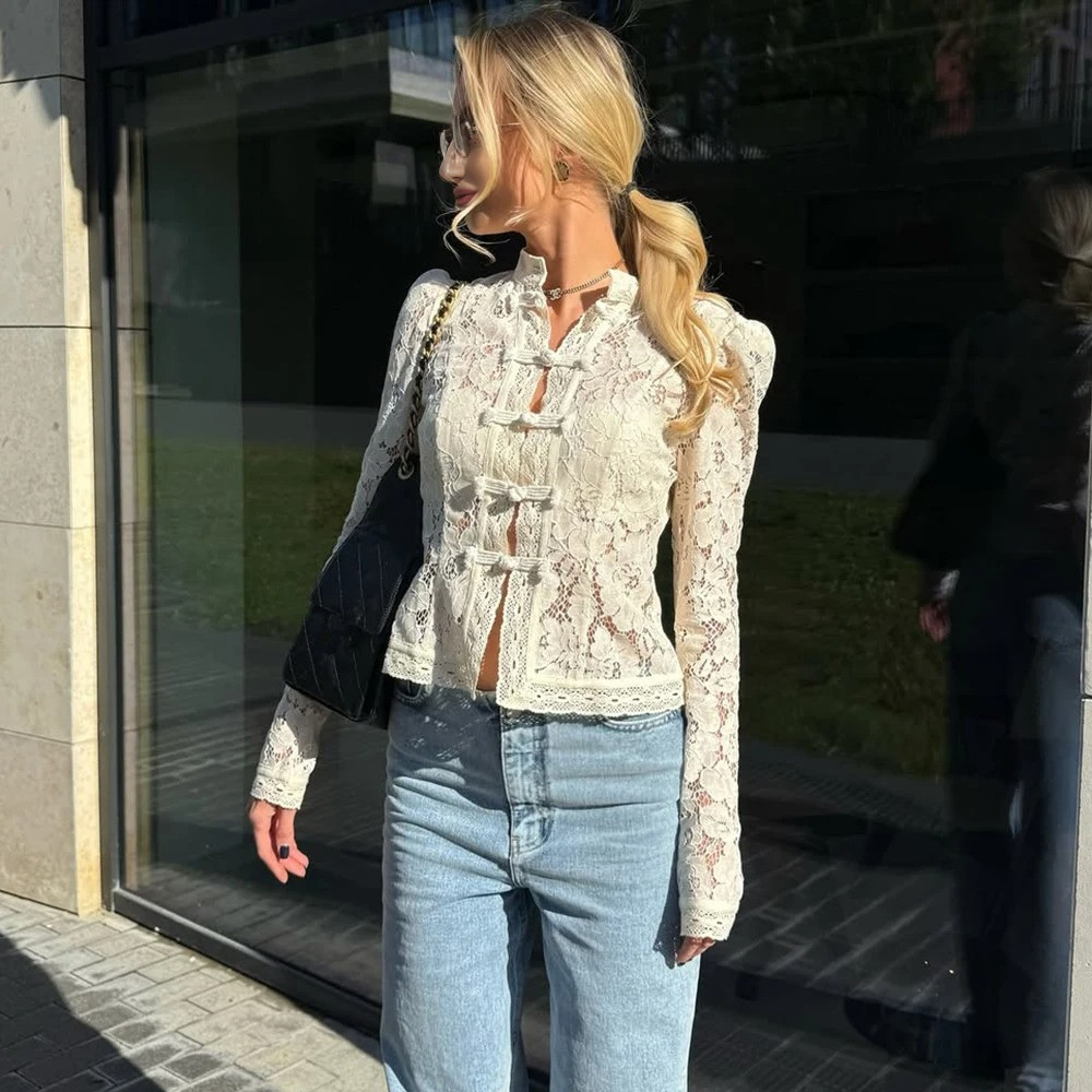 AliExpress Ladies Vintage Lace Blouse Shirts Women Summer Hollow Out Casual Sand Collar Elegant Embroidery Puff Sleeve Sexy Top Shirts