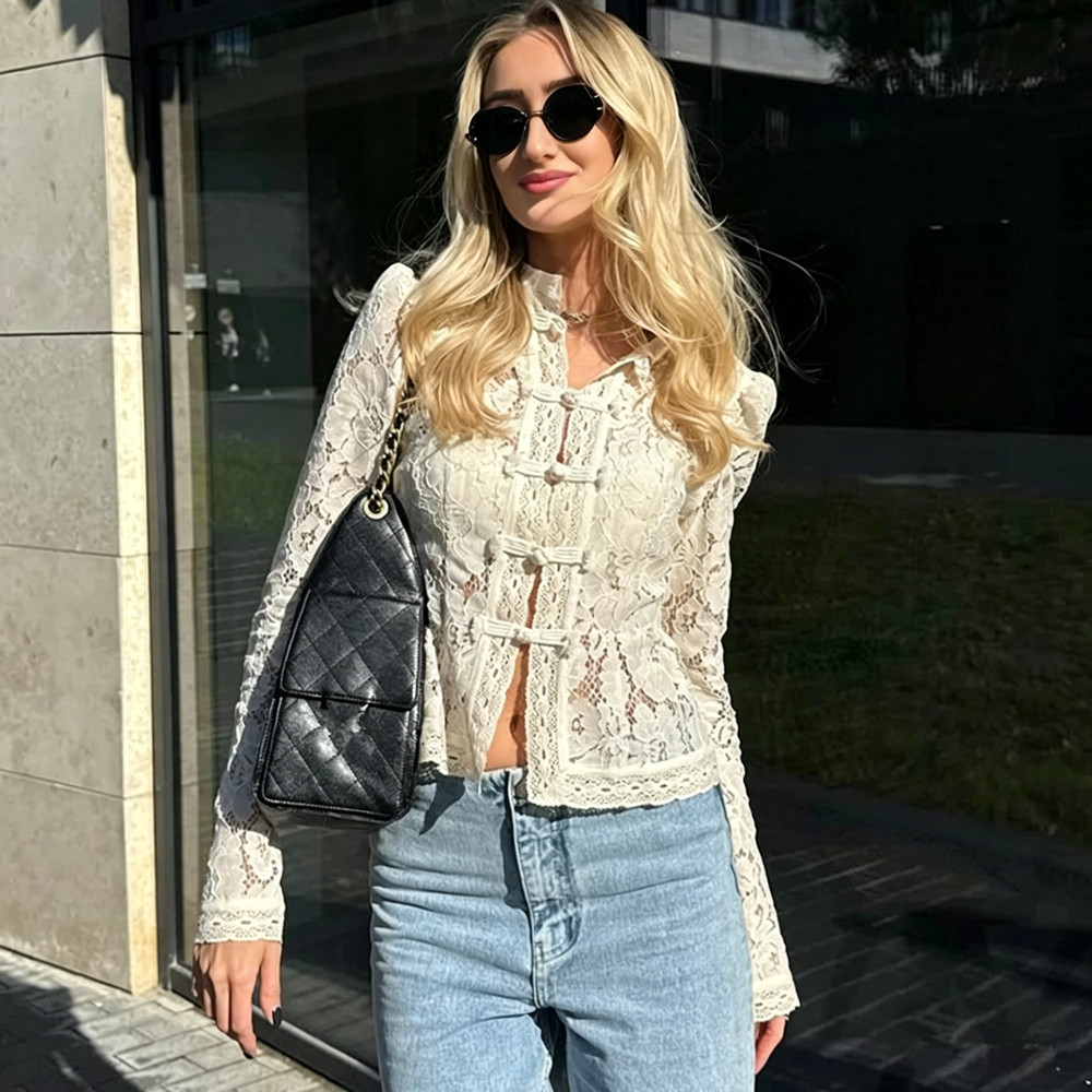 AliExpress Ladies Vintage Lace Blouse Shirts Women Summer Hollow Out Casual Sand Collar Elegant Embroidery Puff Sleeve Sexy Top Shirts, view 2