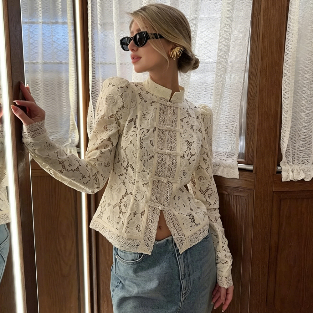 AliExpress Ladies Vintage Lace Blouse Shirts Women Summer Hollow Out Casual Sand Collar Elegant Embroidery Puff Sleeve Sexy Top Shirts, view 3