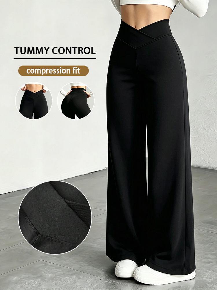 AliExpress Lady's Black Cross-Waist Wide-Leg Pants, High-Waisted Abdominal-Reducing Casual Yoga Pants, Medium Stretch, Straight-Leg Style