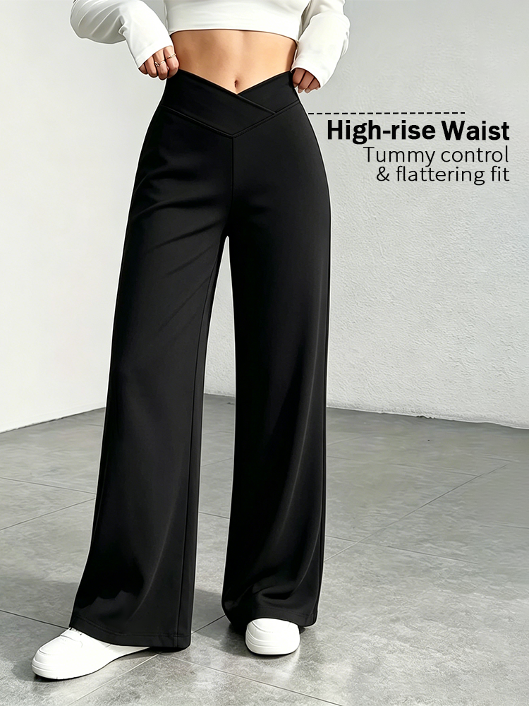 AliExpress Lady's Black Cross-Waist Wide-Leg Pants, High-Waisted Abdominal-Reducing Casual Yoga Pants, Medium Stretch, Straight-Leg Style, view 2