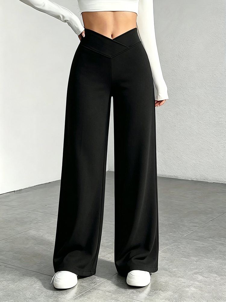 AliExpress Lady's Black Cross-Waist Wide-Leg Pants, High-Waisted Abdominal-Reducing Casual Yoga Pants, Medium Stretch, Straight-Leg Style, view 3